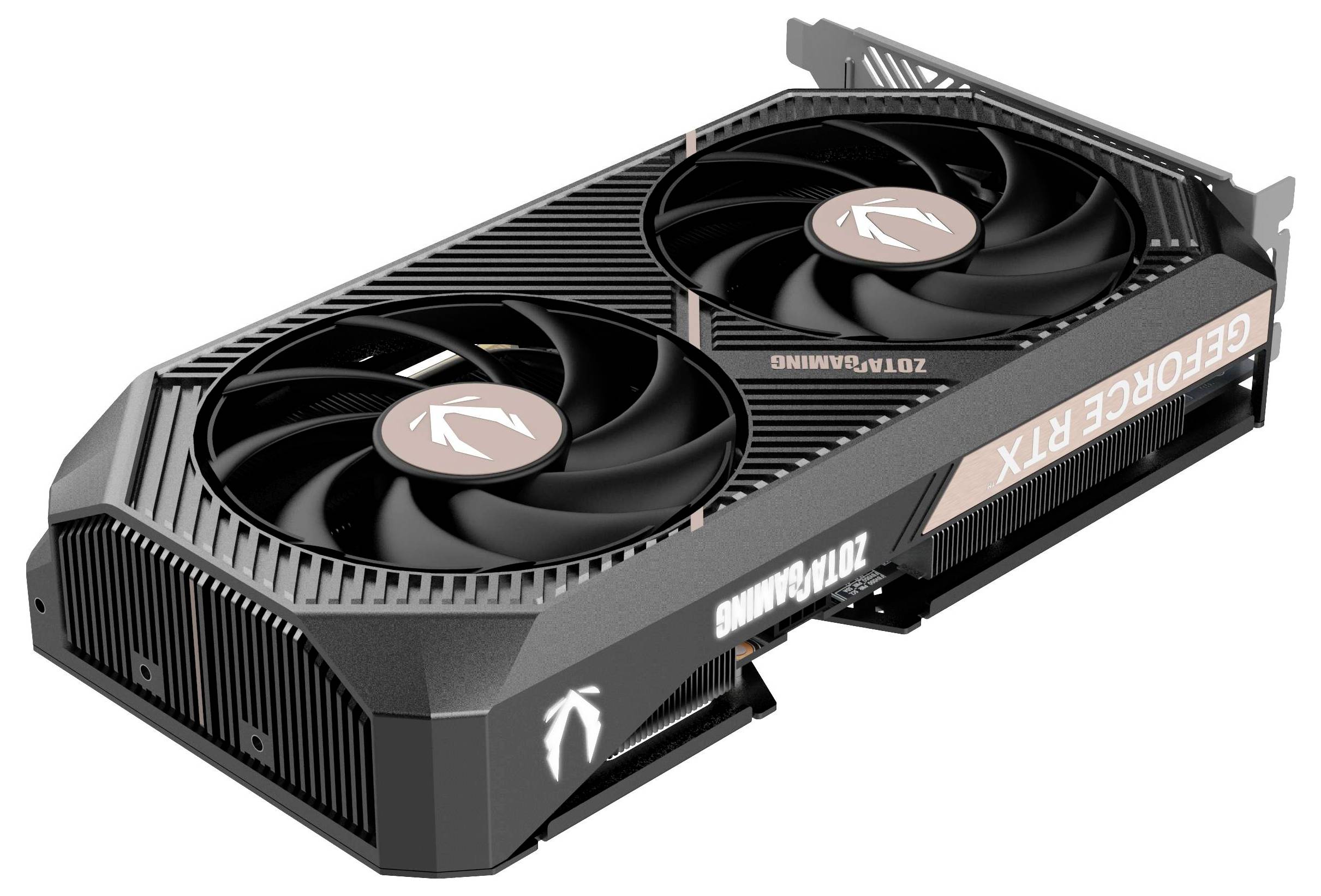 Une carte graphique noire avec deux ventilateurs, portant l'inscription latérale 'GEFORCE RTX' et un logo d'oiseau stylisé sur les ventilateurs.