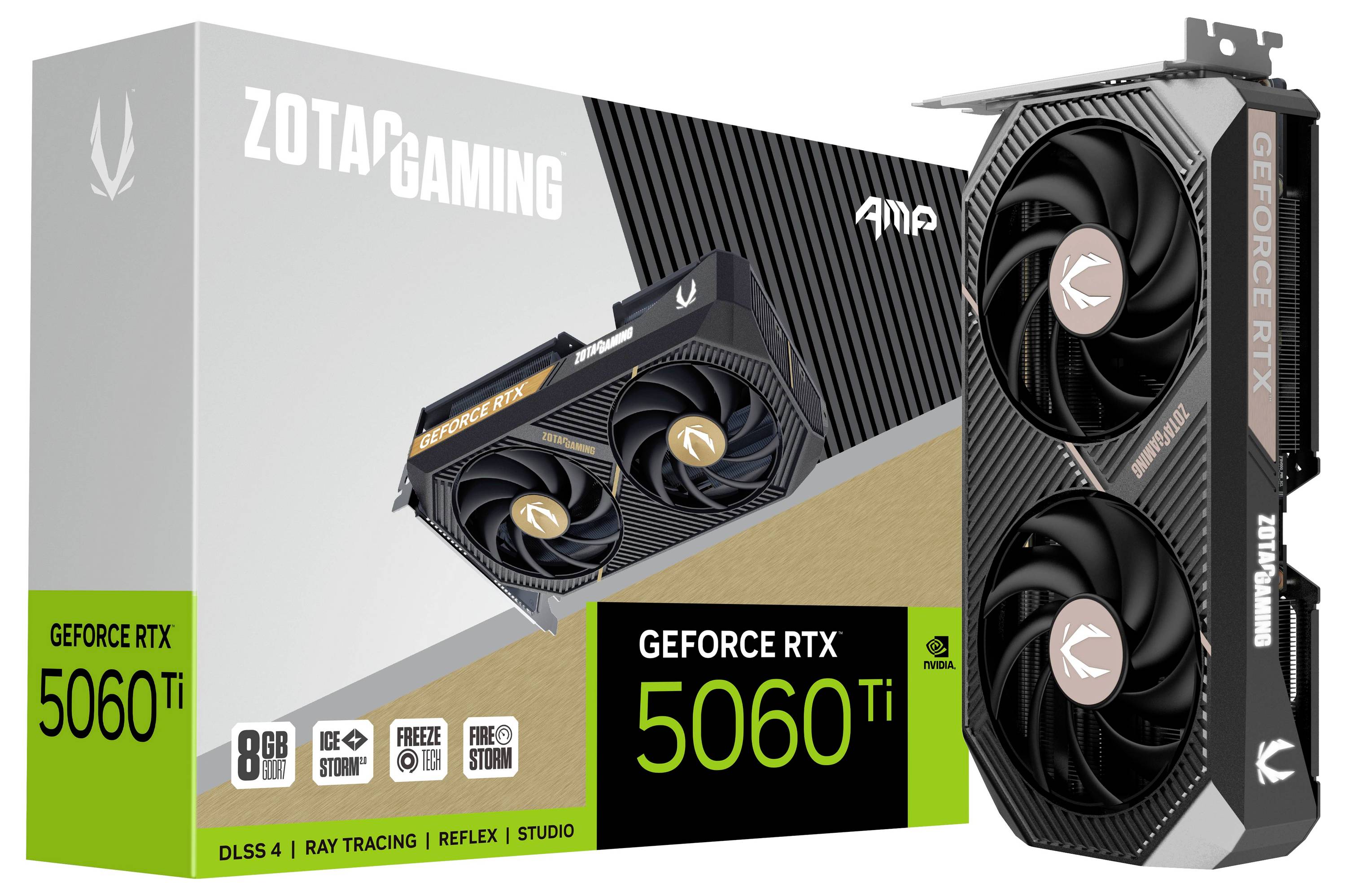 Carte graphique 'Zotac Gaming GeForce RTX 5060 Ti' à côté de son emballage. Caractéristiques : 8 Go de mémoire, DLSS 4, Ray Tracing, fonctions Freeze et Storm.
