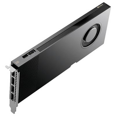 Une carte graphique noire avec ventilateur et plusieurs ports. La carte est conçue de manière élancée et rectangulaire.