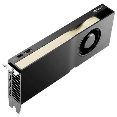 Une carte graphique NVIDIA de couleur noir et or avec plusieurs ports à l'arrière ; ventilateur visible sur le côté.