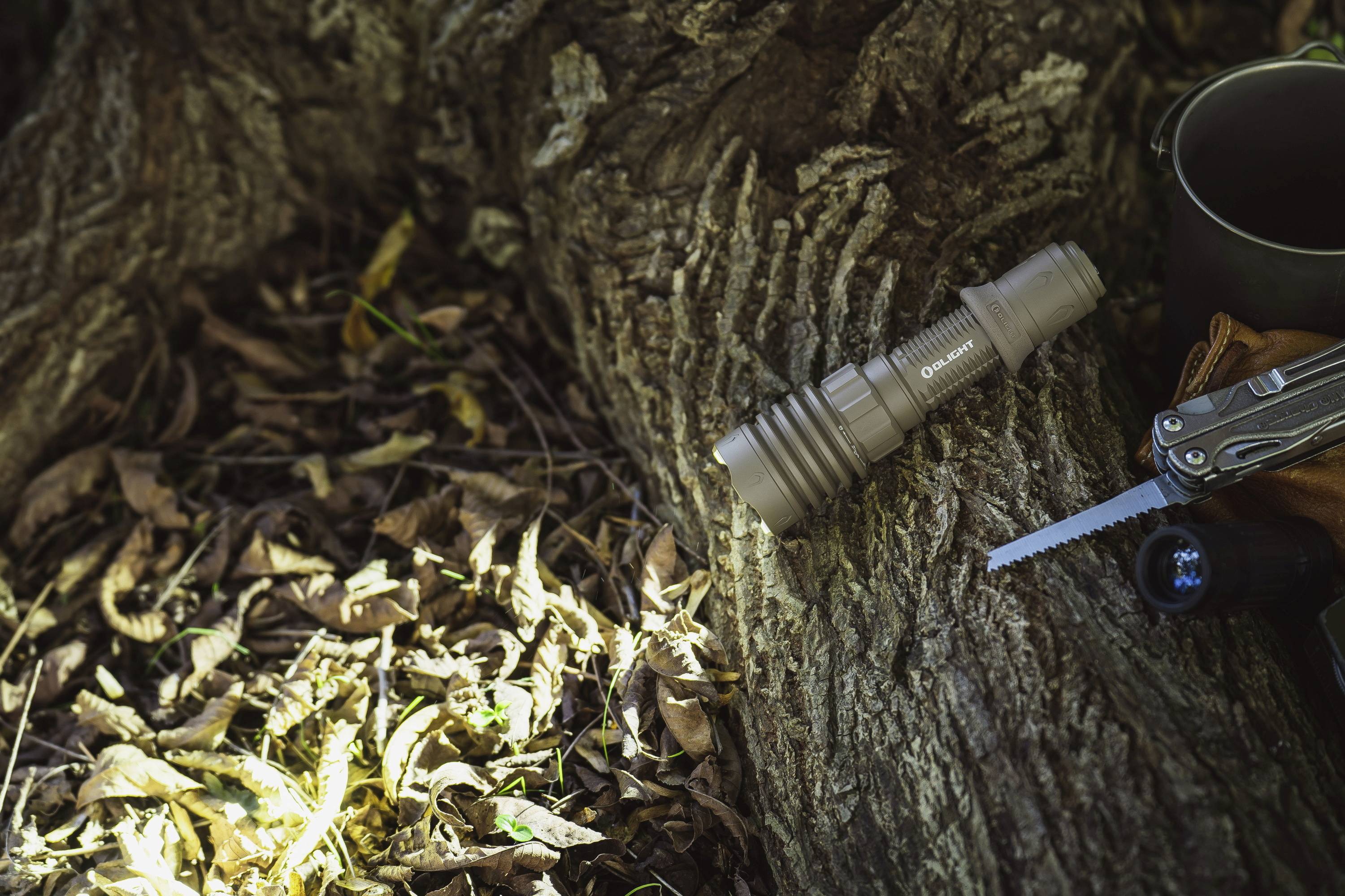 Une lampe de poche est posée sur un tronc d'arbre dans une forêt, entourée de feuilles d'automne. Un couteau multifonction est placé à côté. Éclairage naturel.