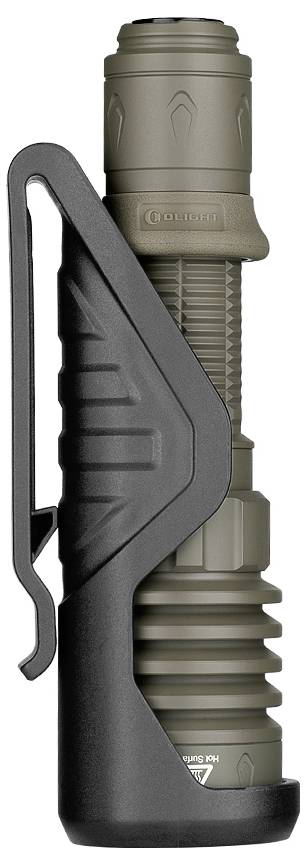 Lampe de poche avec clip de fixation et design ergonomique, pouvant tenir verticalement. Couleur mate sombre avec poignée texturée pour une prise en main sécurisée.