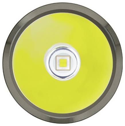 Lumière LED circulaire avec un champ lumineux jaune et un élément lumineux central, entourée d'un cadre gris.