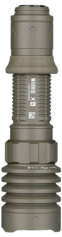 Lampe tactique en gris foncé avec poignée striée et interrupteur marche/arrêt en haut. Les marquages et symboles sont situés sur le boîtier.