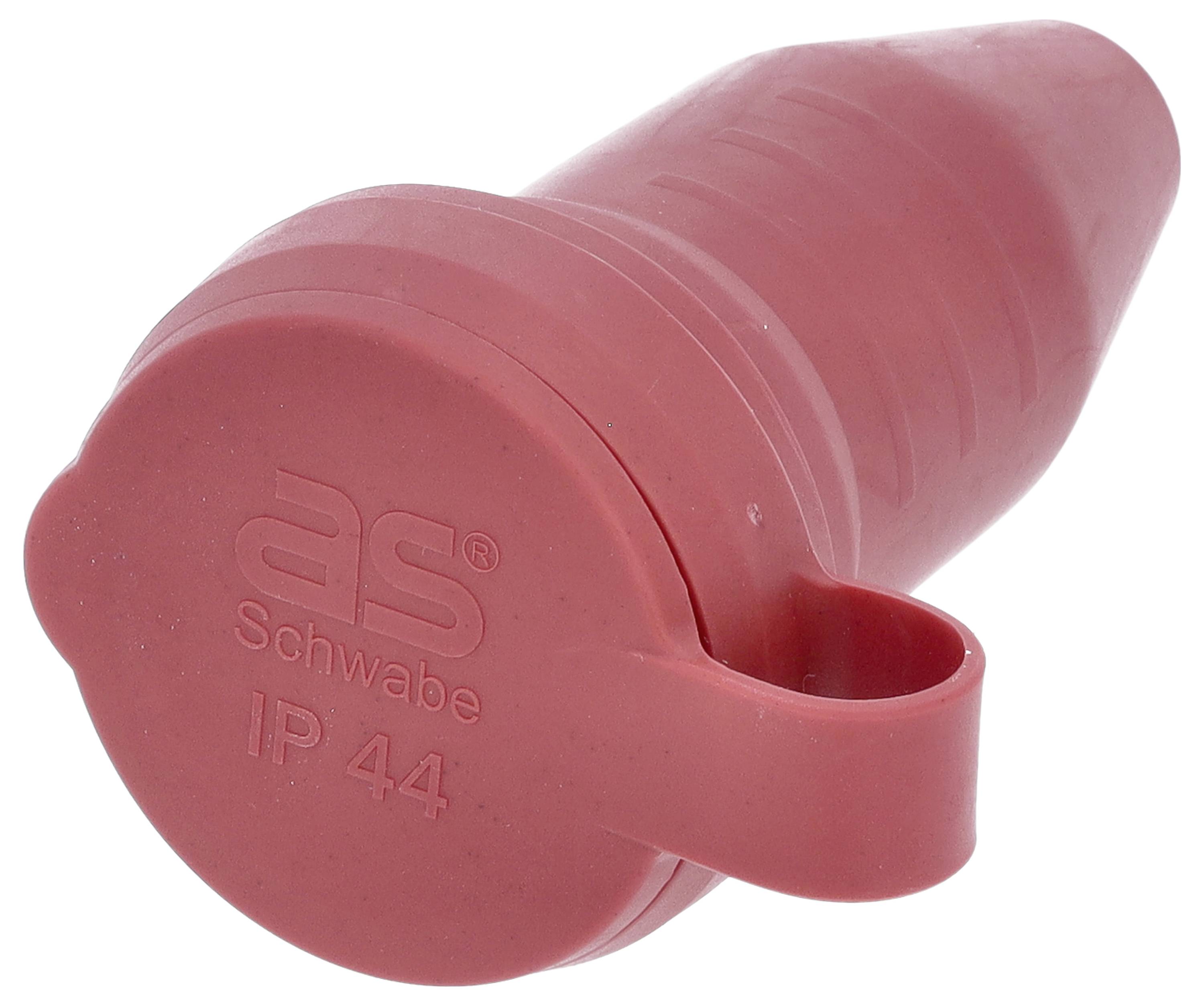 Bouchon de protection rouge avec l'inscription « as Schwabe IP 44 », probablement pour une prise.