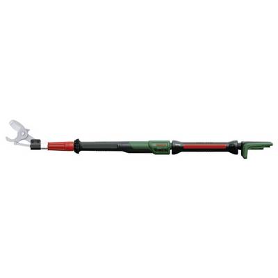 Sécateur électrique télescopique en noir et vert avec manche rouge, adapté pour la coupe précise des branches dans les arbres élevés.