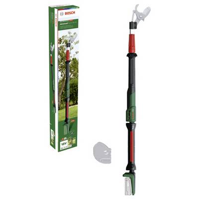Taille-haie télescopique à batterie Bosch avec poignée verte et rouge, illustré dans son emballage à côté du produit, pour travaux de jardinage.