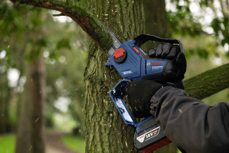 Une personne coupe une branche d'un arbre avec une scie à batterie bleue de Bosch. En arrière-plan, on peut voir des arbres et un chemin.