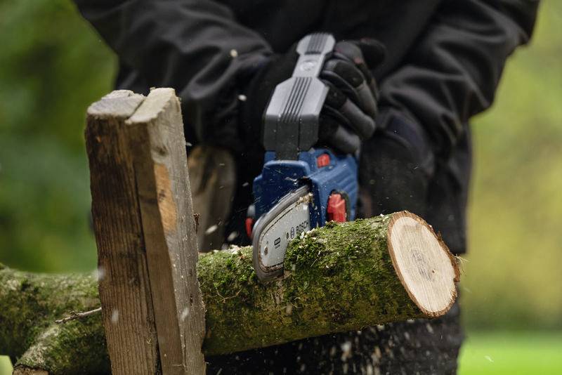 Une personne scie une branche avec une petite scie électrique. La branche repose de manière stable sur un support. On aperçoit la nature en arrière-plan.