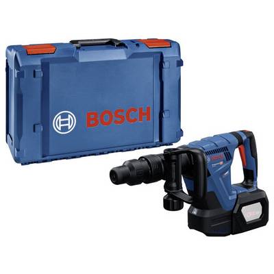 Un marteau perforateur Bosch bleu avec batterie et mallette de transport. Le marteau perforateur présente un design ergonomique pour une utilisation professionnelle.