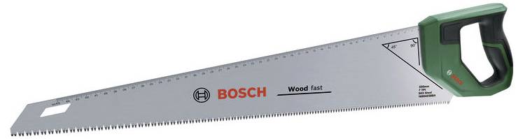 Scie à main avec manche vert et lame argentée, portant le nom de marque 'Bosch' sur la lame, adaptée aux travaux sur bois.