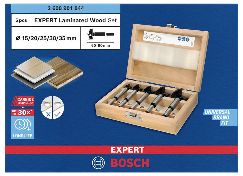 Boîte en bois contenant cinq fraises de différentes tailles. Inscription : « Ensemble de Bois Stratifié EXPERT ». Adapté pour des tailles de trous de 15 à 35 mm.