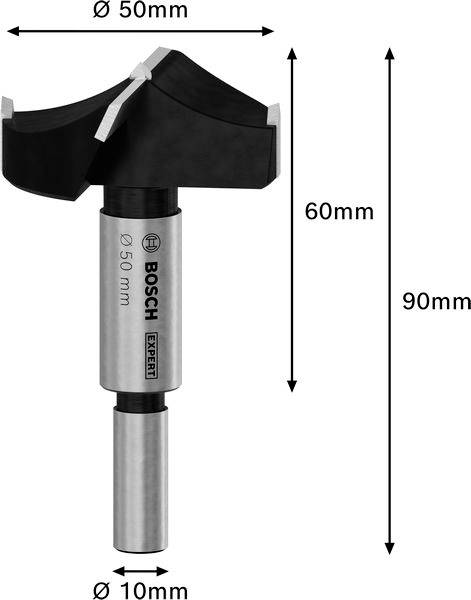 Foret Bosch Expert, diamètre 50 mm, longueur totale 90 mm, diamètre de tige 10 mm, longueur de la tête de forage 60 mm.