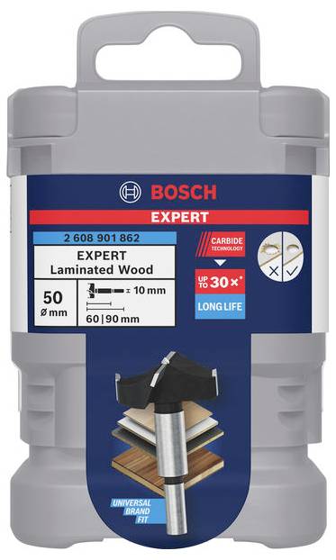 Emballage de foret de fraisage Bosch pour bois stratifié, diamètre 50 mm, avec technologie au carbure pour une durée de vie prolongée.