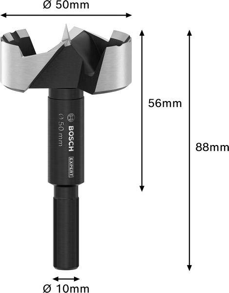 Mèche de Forstner de 50 mm de diamètre et 56 mm de longueur, longueur totale 88 mm, diamètre de queue 10 mm, de Bosch.