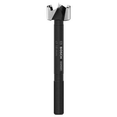 Mèche de Forstner de la marque Bosch, diamètre 18 mm, adaptée pour des perçages précis dans le bois, partie supérieure métallique noire, avec bordure argentée.
