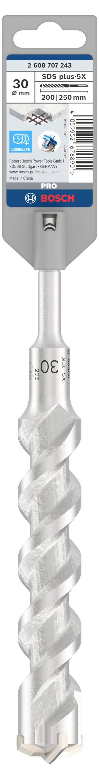 Foret Bosch Expert SDS max-8X, 30 x 400 x 520 mm, pointes robustes et précises pour béton, emballage avec détails techniques.