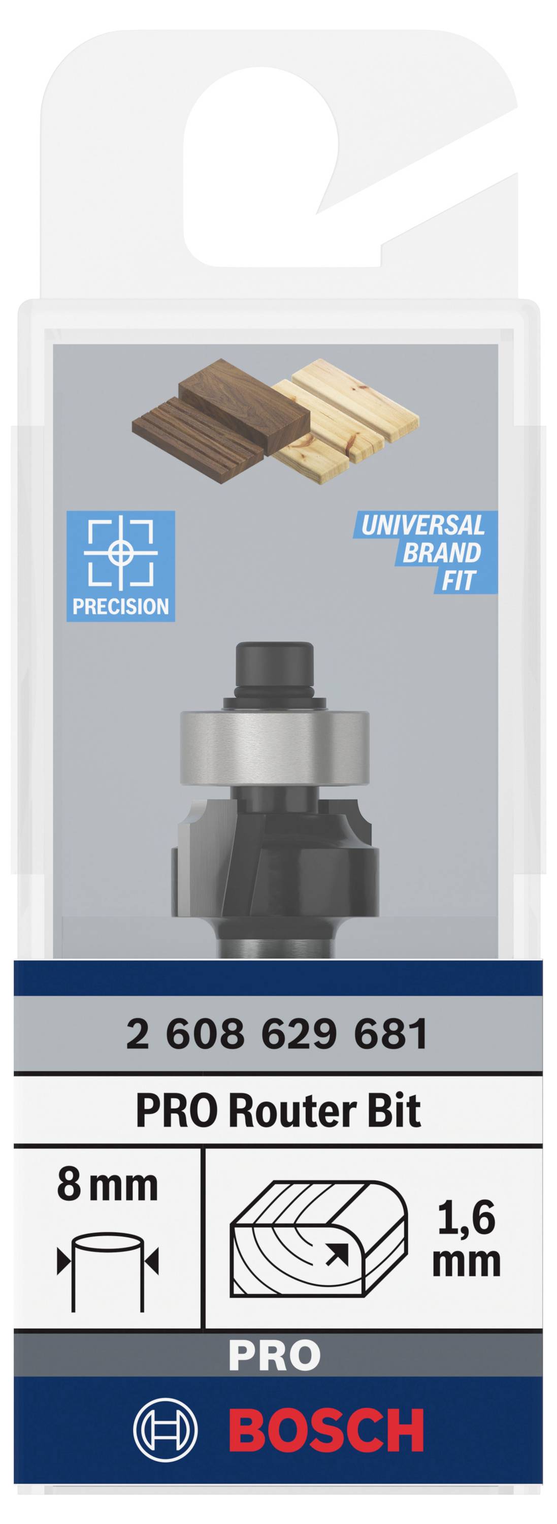 Fraise PRO pour bois avec tige de 8 mm et coupe de 1,6 mm, adaptée à divers matériaux. Outil de précision de Bosch.