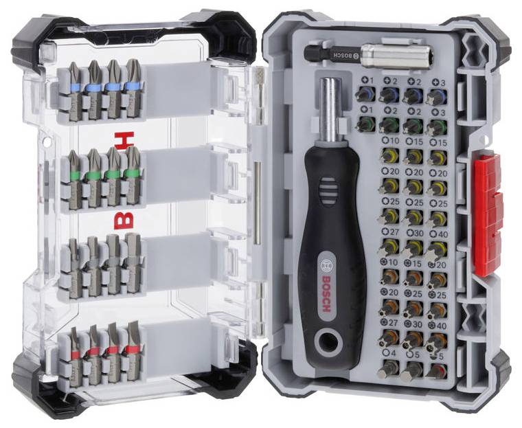 Coffret de tournevis et embouts Bosch en étui plastique avec divers embouts et douilles. Comprend des supports codés par couleur pour un choix facile.