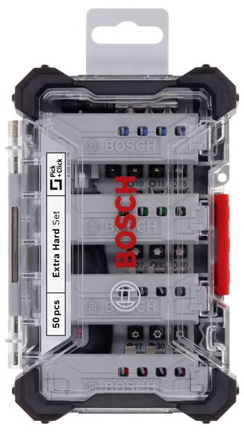 Un set de forets Bosch transparent comprenant 50 pièces dans un coffret en plastique. « Extra Hard Set » est inscrit sur le côté.