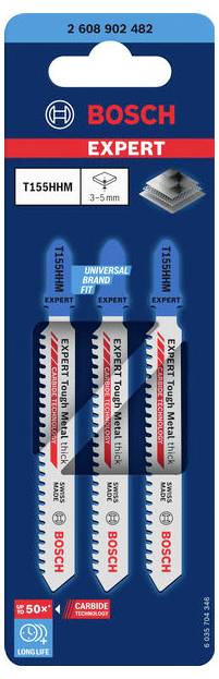 Trois lames de scie sauteuse Bosch Expert, modèle T155HHM, pour matériaux universels, épaisseur de 3-5 mm. L'emballage a un fond bleu.