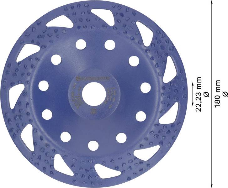Disque de ponçage bleu avec trous et bord dentelé, diamètre de 180 mm, adapté pour le ponçage de surfaces en béton.
