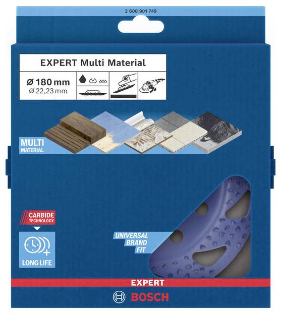 Emballage d'un ensemble de disques à tronçonner Bosch pour matériaux multiples. Contient des symboles pour le bois, le plastique, le métal et les carreaux.