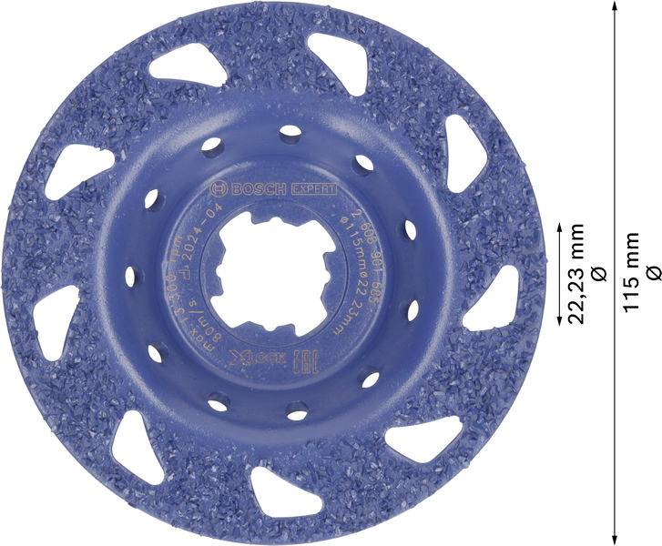 Disque abrasif bleu avec inscriptions 'Bosch Expert'. Diamètre : 115 mm, diamètre du trou : 22,23 mm. Utilisé pour les travaux de ponçage.