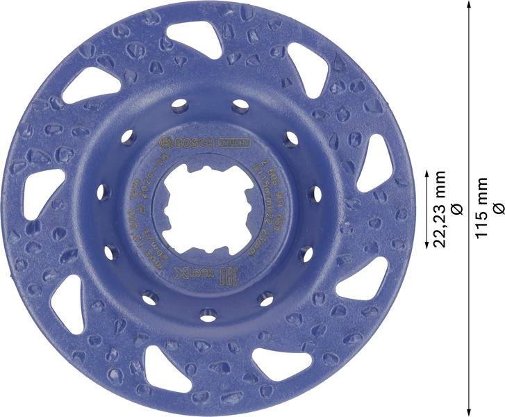 Outil de ponçage bleu avec de nombreux trous, diamètre de 115 mm, conçu pour des travaux de ponçage précis.