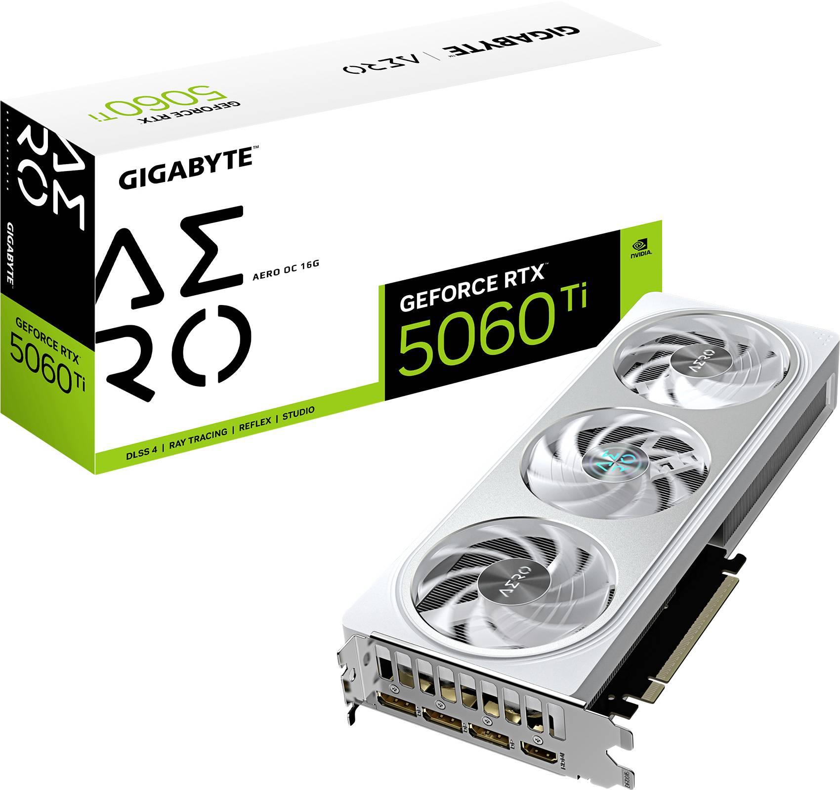 Carte graphique Gigabyte GeForce RTX 5060 Ti Aero OC avec trois ventilateurs et son emballage. Compatible avec DLSS 3, Ray Tracing et Studio.