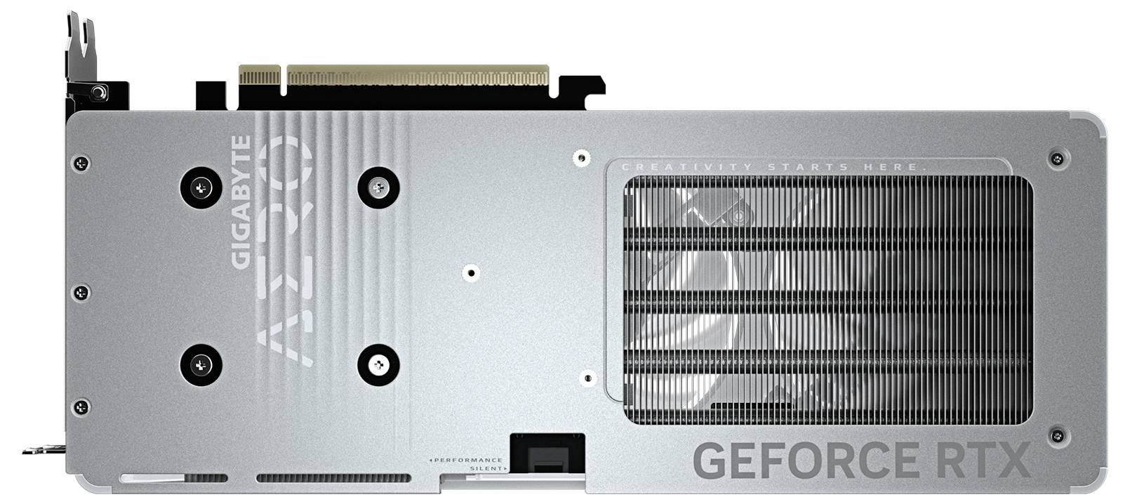 Carte graphique vue de dessus, design argenté avec texte gravé 'GeForce RTX' et 'GIGABYTE'. Grandes fentes de ventilation sur la droite.
