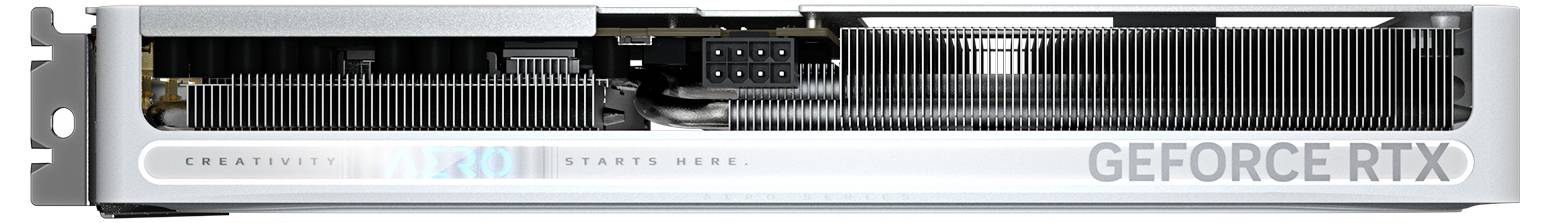 Une carte graphique argentée portant l'inscription 'GEFORCE RTX' et un logo éclairé. Des ailettes de refroidissement et des ports sont visibles.