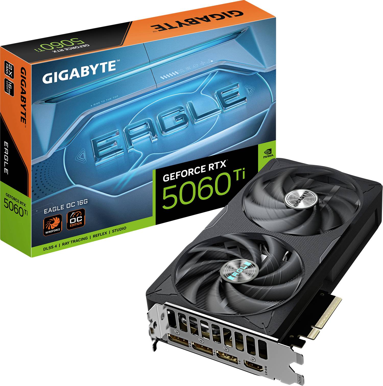 Carte graphique 'GIGABYTE GeForce RTX 5060 Ti Eagle OC 16G' à côté de son emballage. L'emballage affiche le logo de la marque et la désignation du modèle.