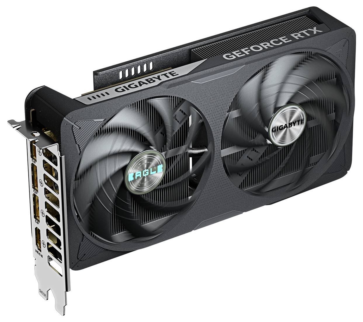 Carte graphique de la marque Gigabyte, modèle GeForce RTX, dotée de deux ventilateurs et de plusieurs ports de connexion, utilisée pour le traitement d'images et de vidéos.
