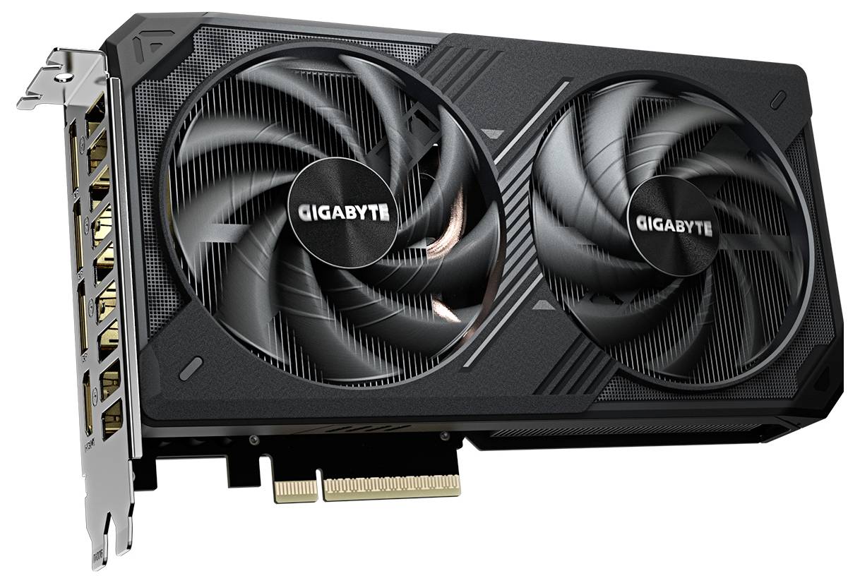 Carte graphique noire avec deux ventilateurs, barre de connexion latérale et logo « Gigabyte » sur les ventilateurs.