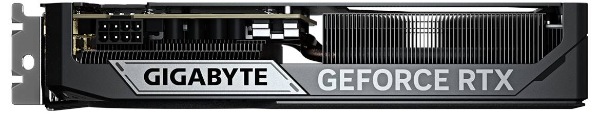 Carte graphique vue de côté, montrant les inscriptions "GIGABYTE" et "GEFORCE RTX". Les connecteurs d'alimentation 6 broches et 8 broches sont visibles.