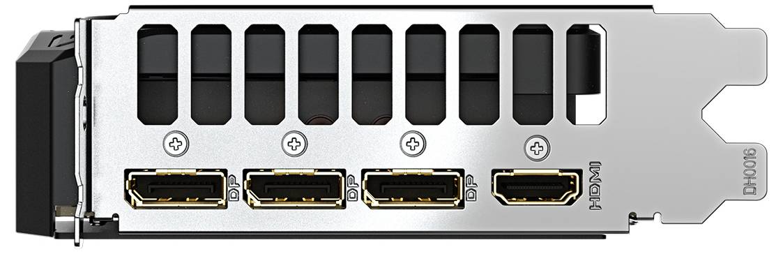 Vue arrière d'une carte graphique avec ses connecteurs : trois DisplayPort et un HDMI. La carte est destinée à être utilisée dans des ordinateurs.