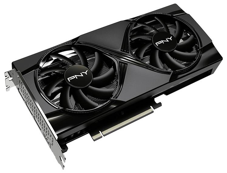 Carte graphique noire de PNY avec deux ventilateurs, connecteur PCIe visible, conçue pour des applications informatiques hautes performances.