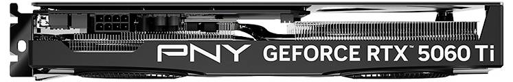 Carte graphique 'PNY GeForce RTX 5060 Ti' en vue latérale. Montre les connecteurs et la structure des ailettes de refroidissement.