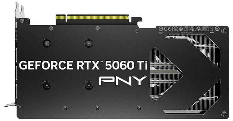 'Carte graphique PNY GeForce RTX 5060 Ti avec vue du panneau de ventilateur et de connexion. Le nom du modèle et le logo sont visibles sur l'arrière.'