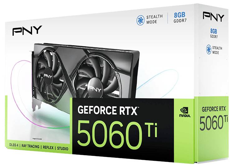 Emballage d'une carte graphique PNY GeForce RTX 5060 Ti avec 8 Go de GDDR7, mise en valeur dans un design de carton. Comprend des logos et des caractéristiques techniques.