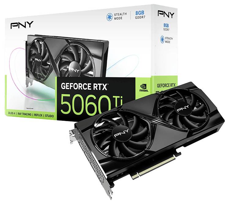 Une carte graphique PNY GeForce RTX 5060 Ti avec son emballage. Sur l'emballage sont mis en avant 8 Go de GDDR6 et des technologies NVIDIA telles que DLSS et le Ray Tracing.