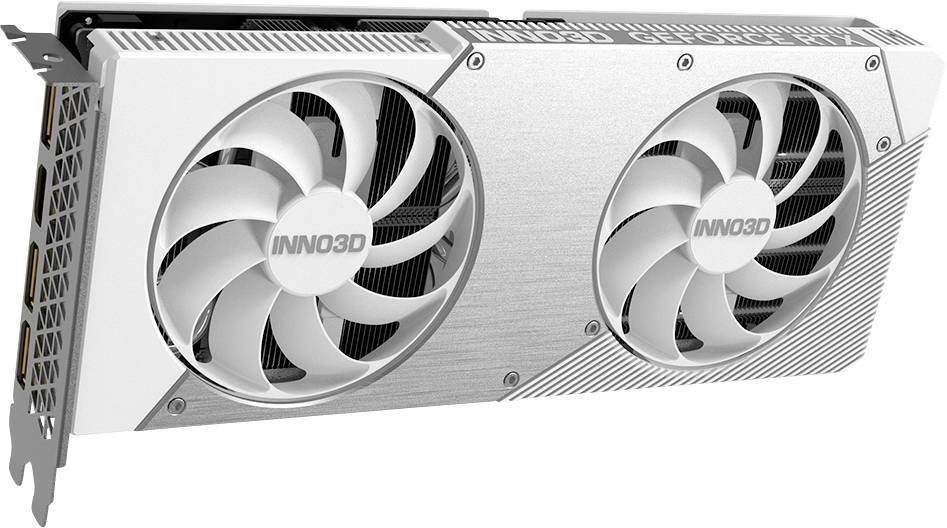 Carte graphique avec boîtier argenté et deux ventilateurs. Inscription sur le carter des ventilateurs : « INNO3D ».