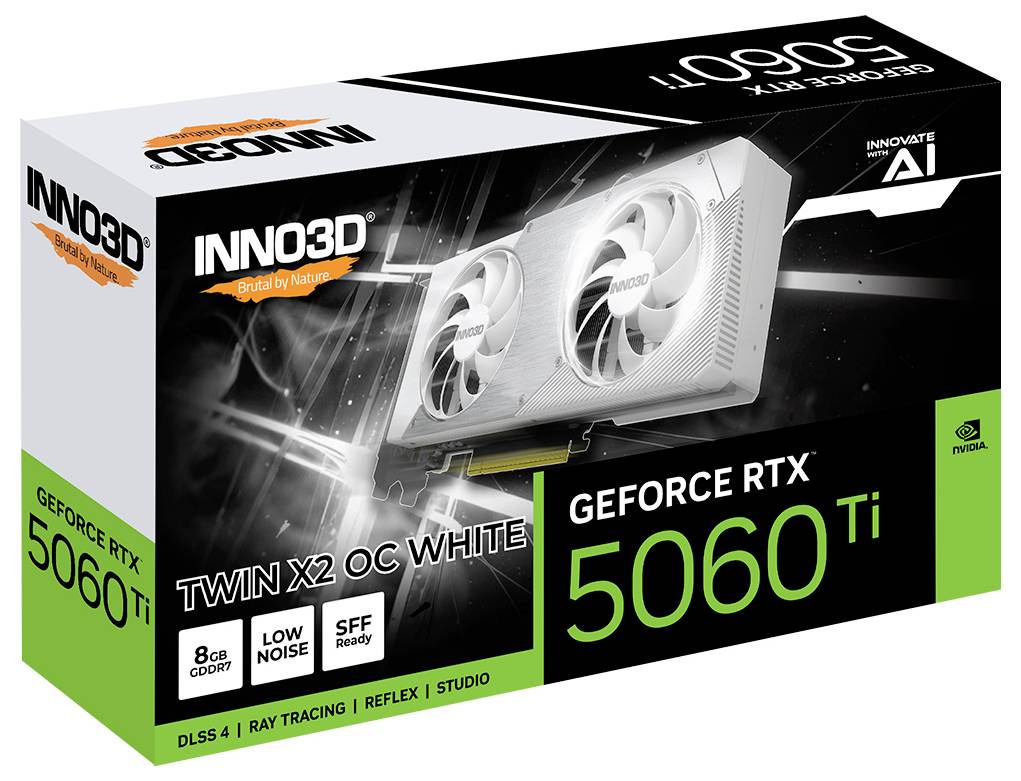 Un emballage représentant une carte graphique de marque 'Inno3D Twin X2 OC White', modèle 'GeForce RTX 5060 Ti'.