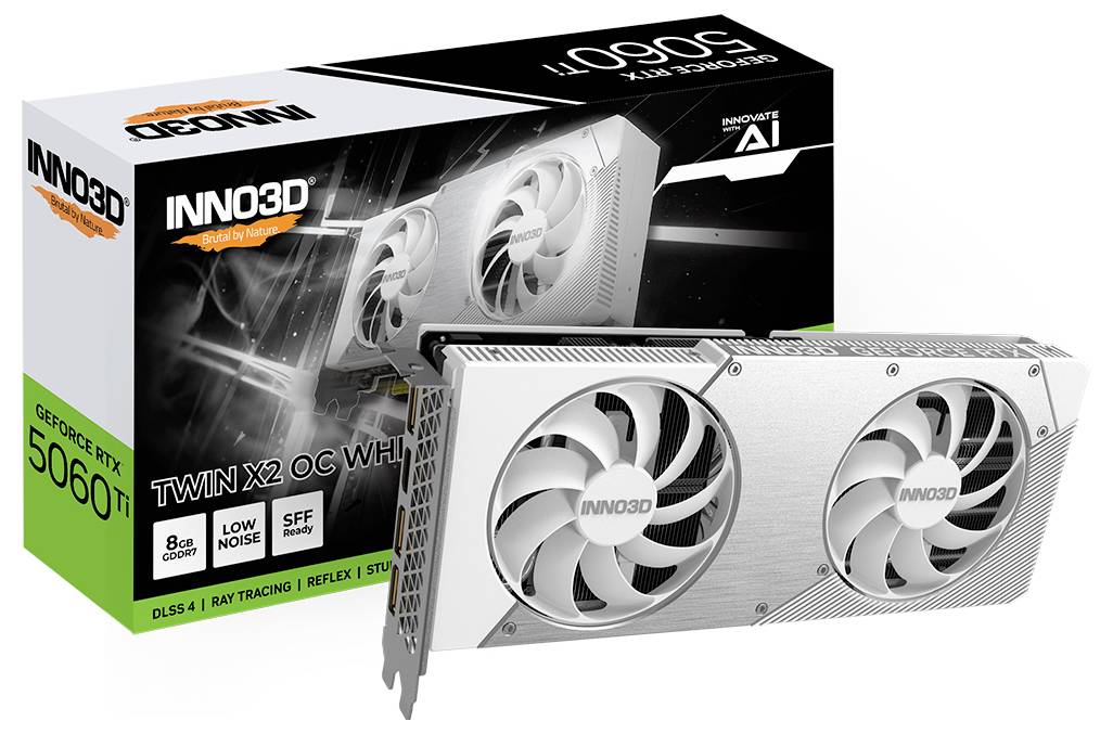 Carte graphique INNO3D GeForce RTX 3060 Ti Twin X2 OC Blanche devant son emballage. L'emballage présente la marque et le modèle, met en avant l'IA et le DLSS 4.