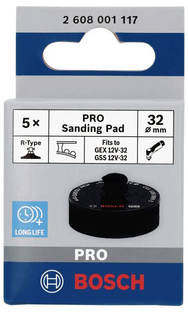 'Disque de ponçage Bosch PRO, lot de 5, diamètre 32 mm, compatible avec GEX 12V-32 et GSS 12V-32, longue durée de vie.' Image de l'emballage.
