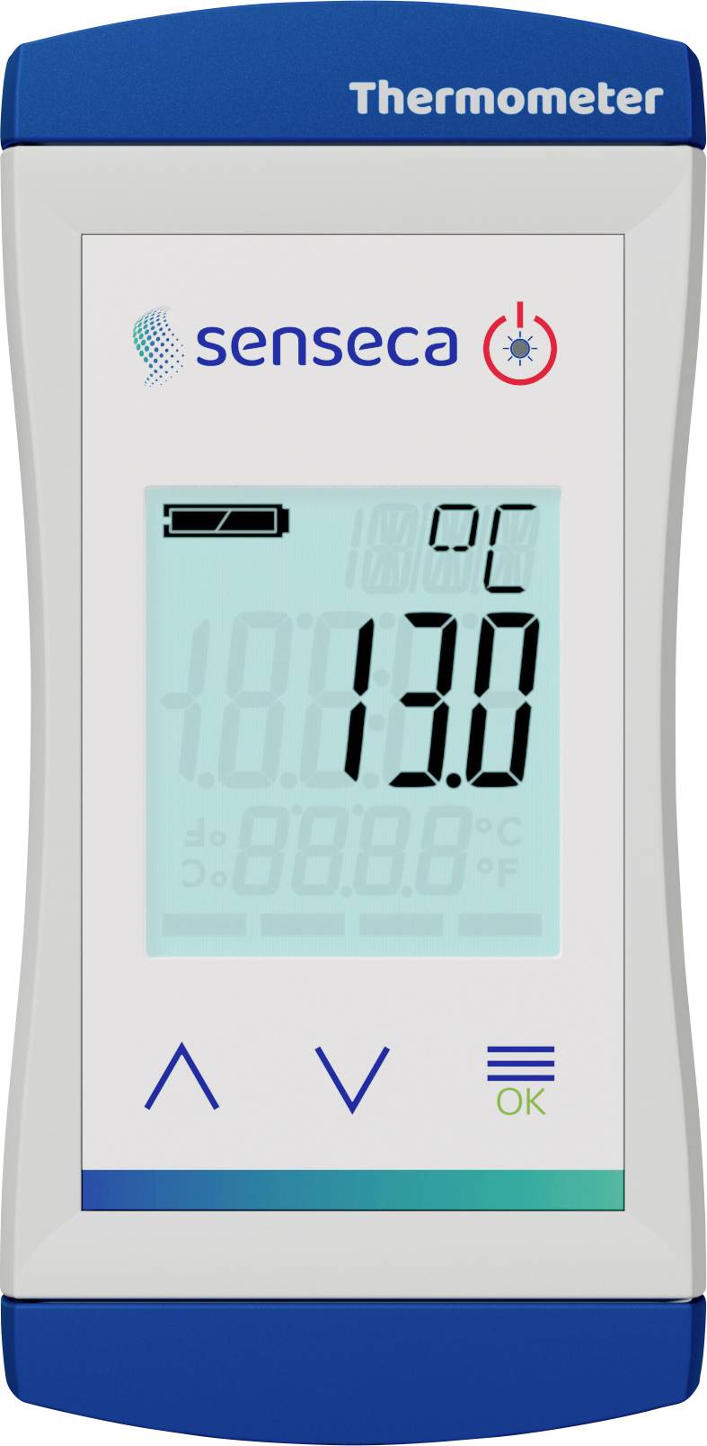 Un thermomètre numérique affiche 13,0 °C. L'écran contient des symboles d'état de charge et de mode de température.