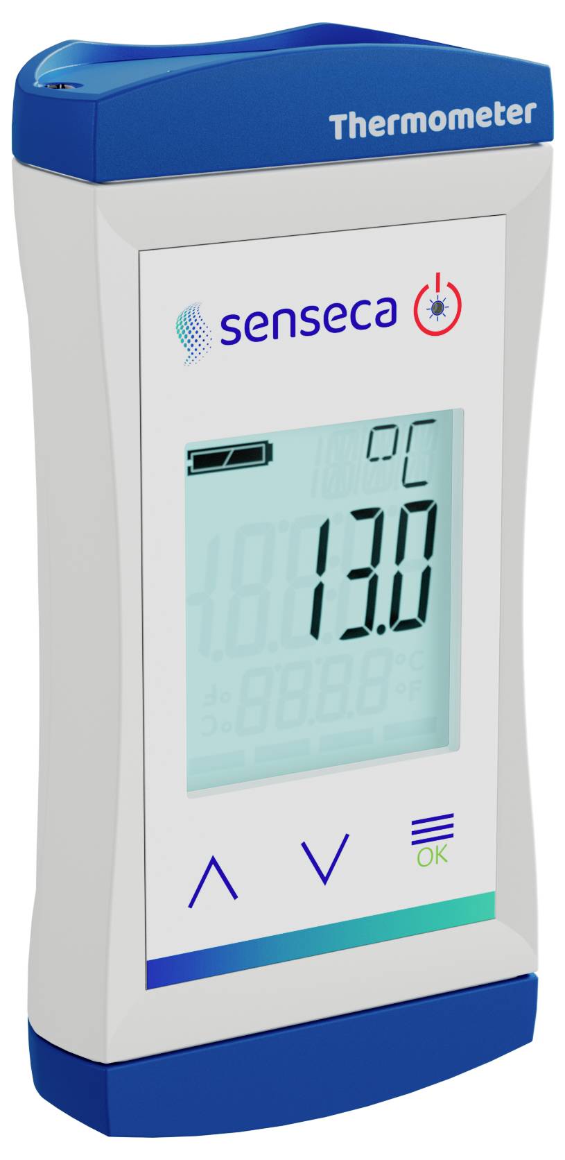 Thermomètre numérique affichant 13,0 degrés Celsius sur l'écran. Nom de marque 'Senseca' en haut de l'affichage.