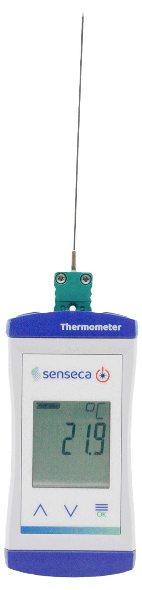 Thermomètre numérique avec une longue sonde métallique affichant 21,9 degrés Celsius sur l'écran.