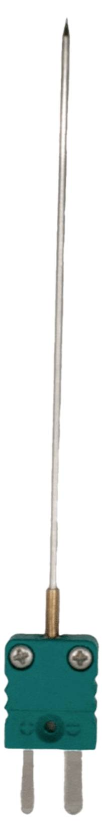 Un capteur de température long et mince avec une aiguille et un élément de connexion vert.